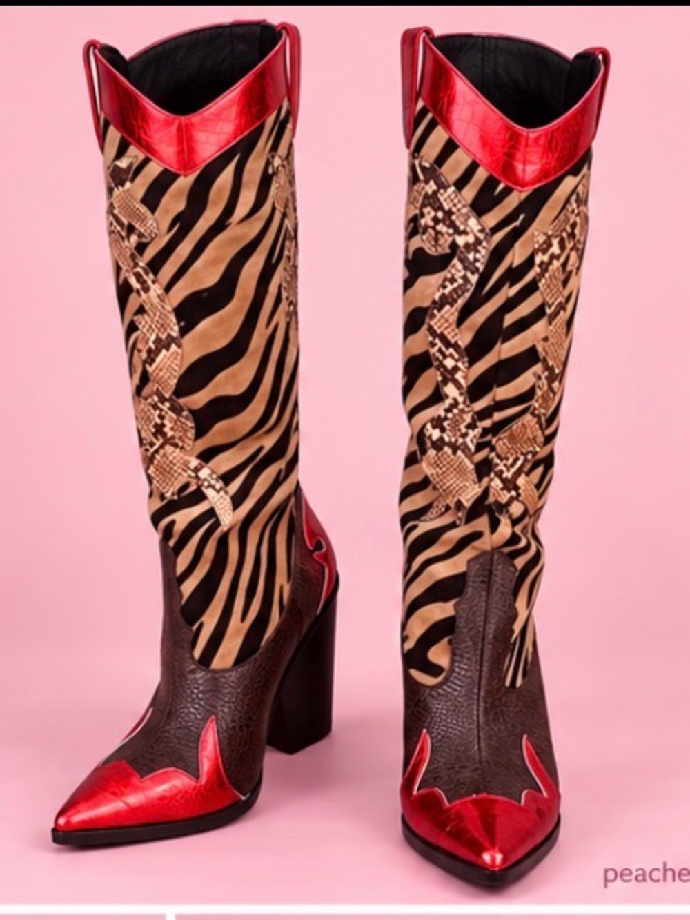 Gorgeous Zebra & Snakeskin Tall Western Boots with Red Metallic Trim - Picture 4 of 6